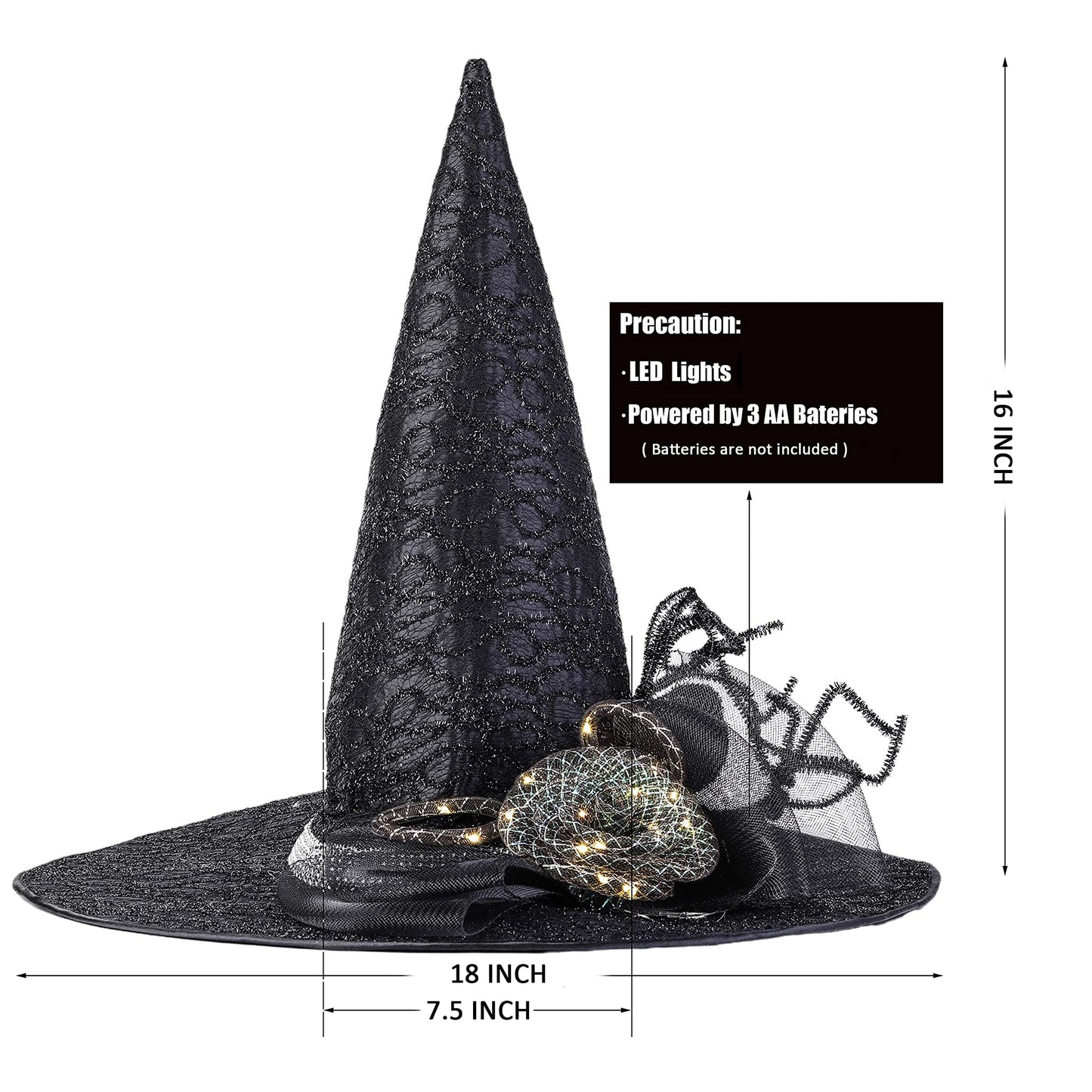 QinYing Black Halloween Costume LED Light Witch Hats for Women Steeple Top with Lamp for Party Black