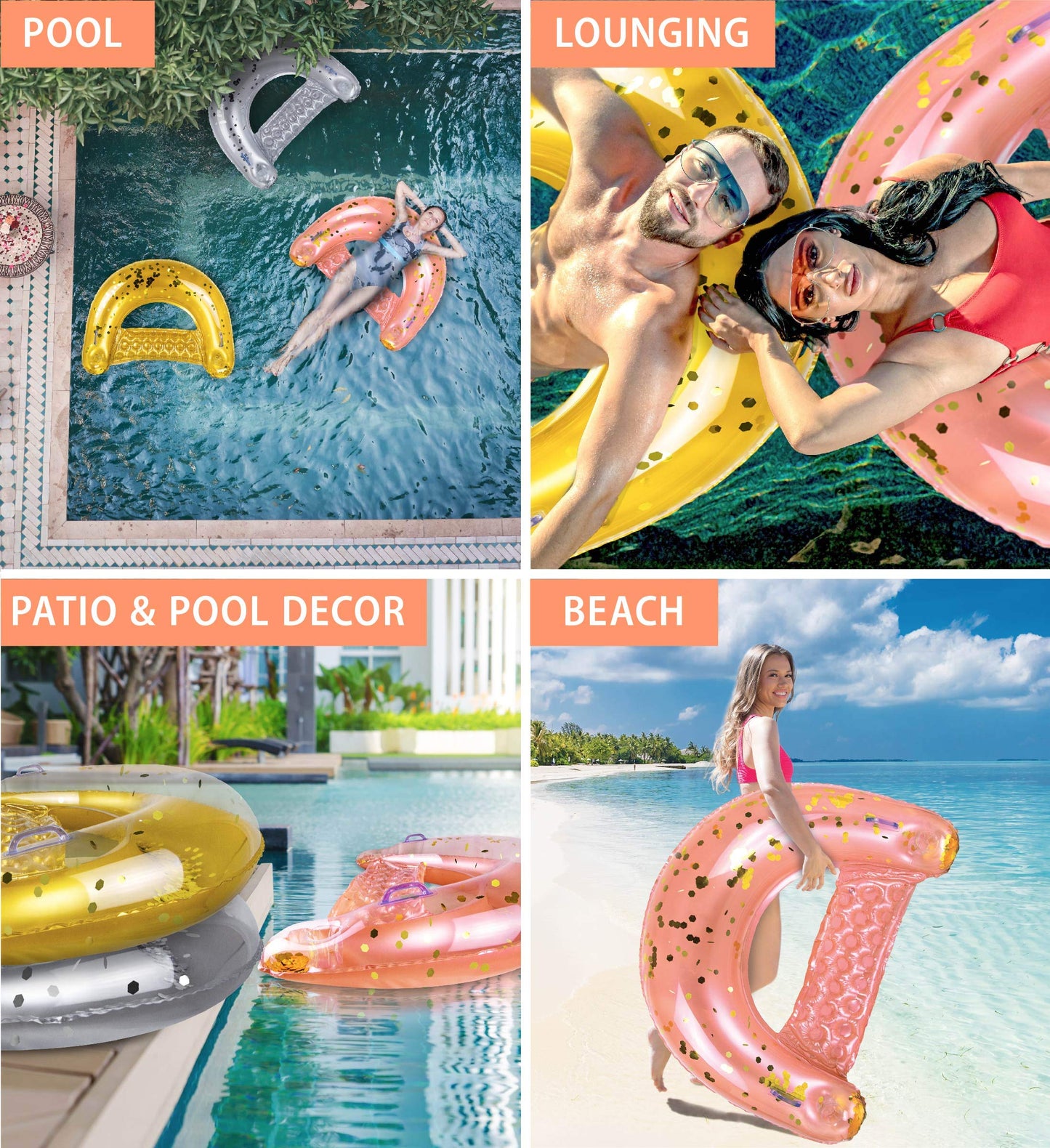 POZA Inflatable Pool Float Chair - Sparkle Confetti Lounge Inflatable Pool Floats  2 Built in Cup Holders & Handles  mature-themed Inflatable Pool Lounger Floating Chair for Beach  Lake & Pool - 48x38 Inch