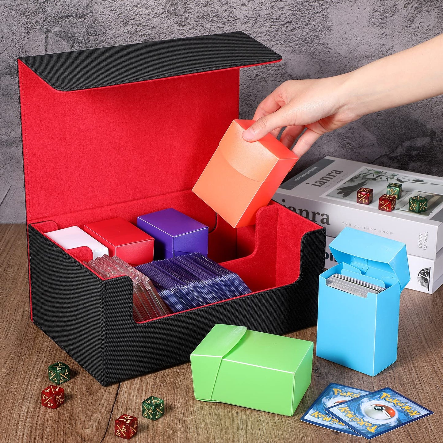 Yexiya 7 Pcs Deck Card Boxes, 1 Leather Deck Storage Box With 6 Plastic Deck Card Cases Playing Cards Box(Black, Red)