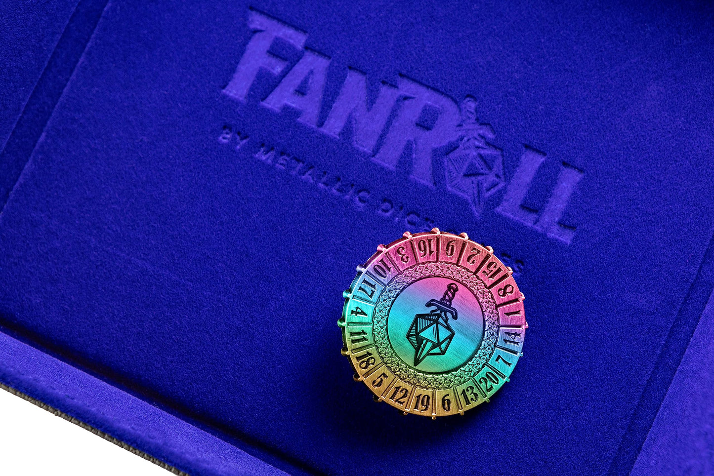 Metallic Dice Games Fanroll Metal d20 Spinner: Torched Rainbow