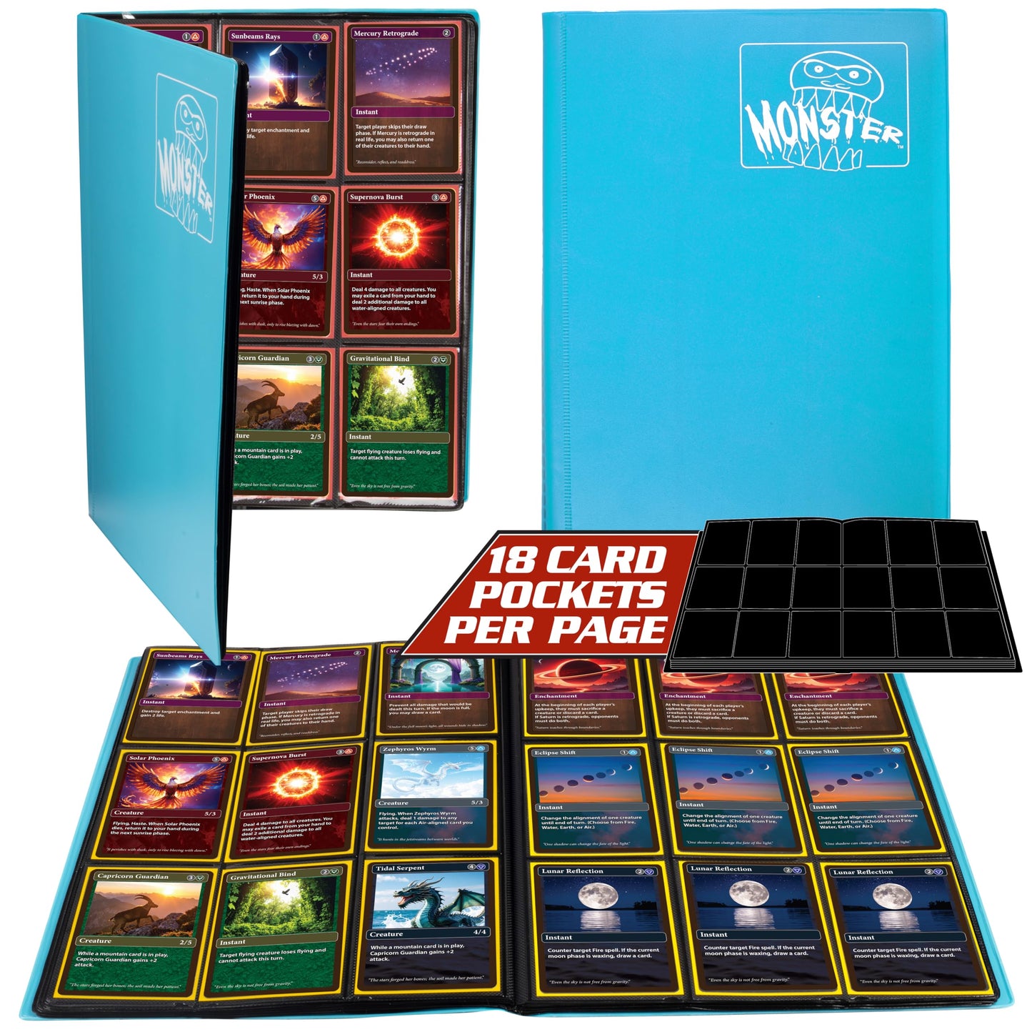 Monster Binder - 9 Pocket Trading Card Album - Matte Sky Blue (Anti-theft Pockets Hold 360+ Yugioh  Pokemon  Magic the Gathering Cards)