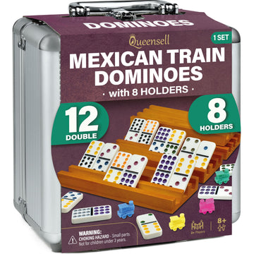 Queensell Mexican Train Dominoes Set With 8 Holders - Wooden Hub And Tiles Holders - Double 12 Tiles With Dots (D12 + 8 Holders)