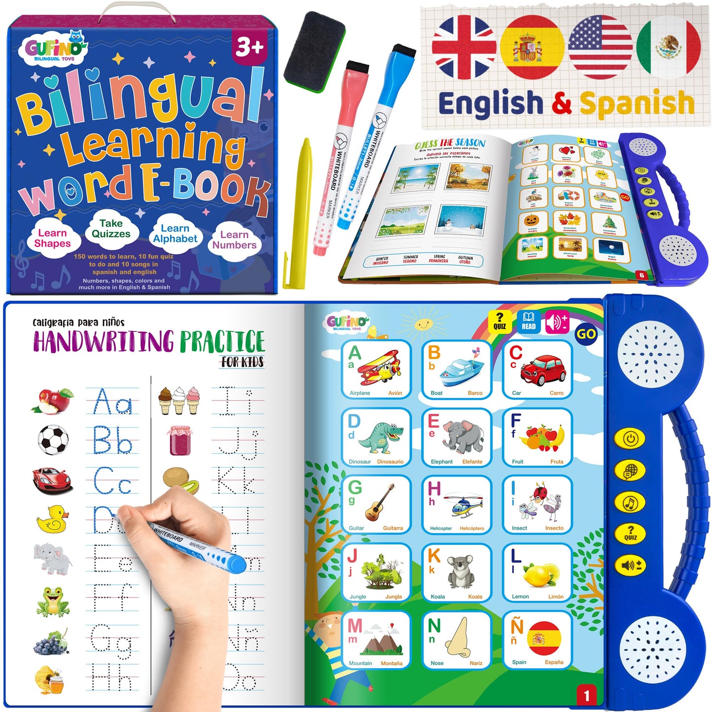 Gufino Bilingual Activity Books For Kids Ages 3-5 - English & Spanish Interactive Workbook Learning Toys: Abcs, Numbers, Shapes,