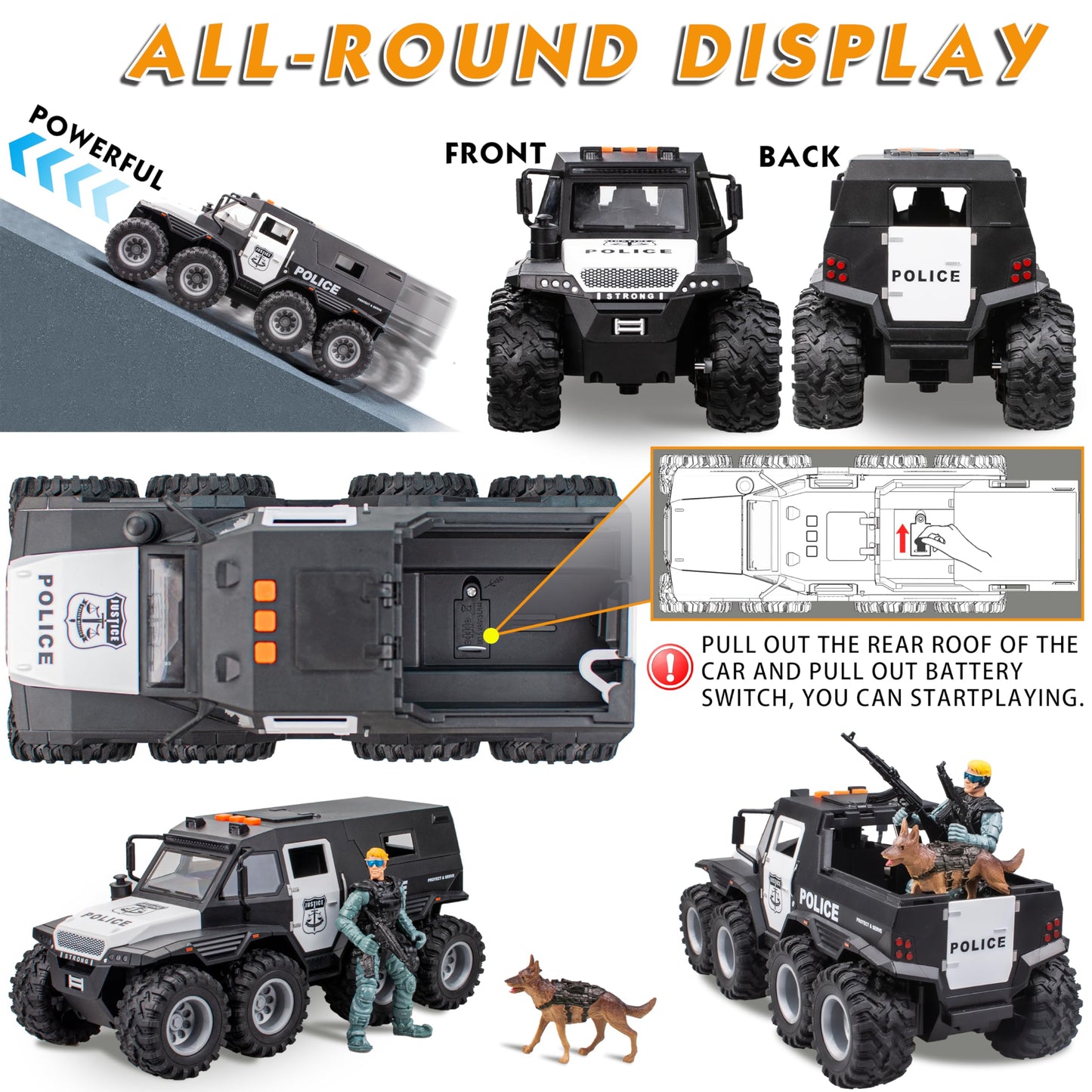 i diy Police Car Toy - Friction Powered, Lights & Sounds, Openable Doors, Black, Model RJ5520, Ideal for Kids Ages 3-5