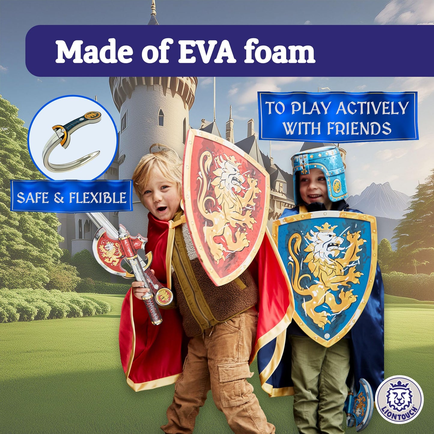 Liontouch - Noble Knight Toy decorative replica blades  Shields & Axes  Blue & Red | Medieval Pretend Play Set for 2 Boys in Foam with Golden Lion Theme | Safe  & Combat Accessories for Dress Up & Costumes