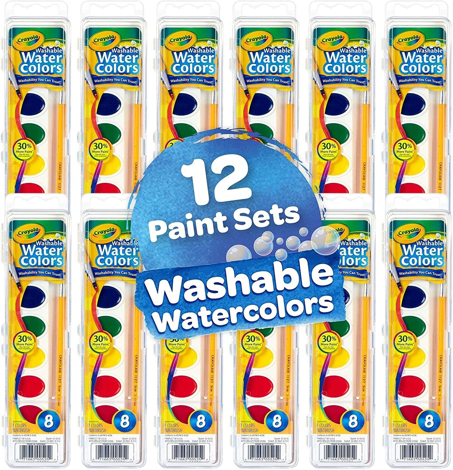 Crayola Washable Watercolors, 12 Paint Sets For Kids, School Supplies Bulk, 8 Vibrant Colors