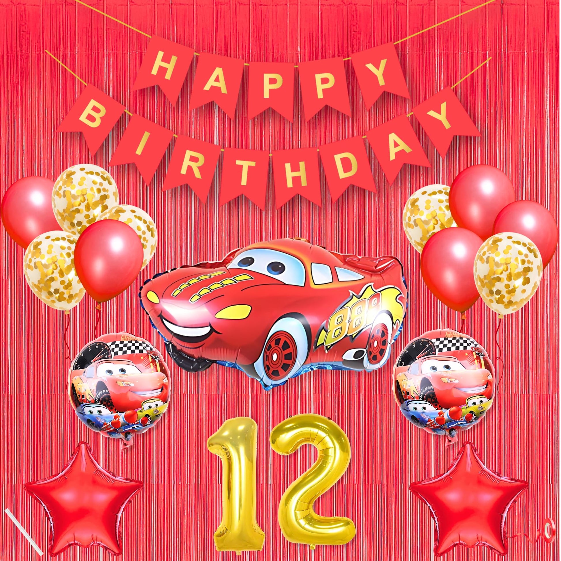 12Th Car Theme Happy Birthday Banner Decoration Red For 12 Year Old Baby Boys Girls Kids 5 Pc Lightning Macqueen Theme 10 Pc Con
