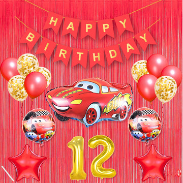 12Th Car Theme Happy Birthday Banner Decoration Red For 12 Year Old Baby Boys Girls Kids 5 Pc Lightning Macqueen Theme 10 Pc Con