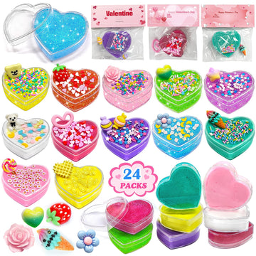 Rifamee 24 Pack Valentines Day Gifts For Kids Butter Shimmery Heart Slime Kit Craft For Boys And Girls With Card Valentine Party