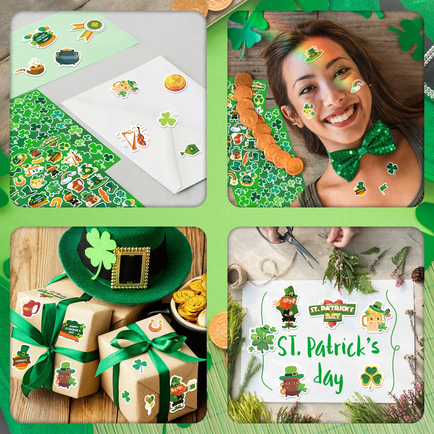 Linaye 1200Pcs St Patricks Day Stickers For Adults Kids, 24 Sheets Cute Shamrock St. Patricks Day Stickers Bulk For Cards Envelo