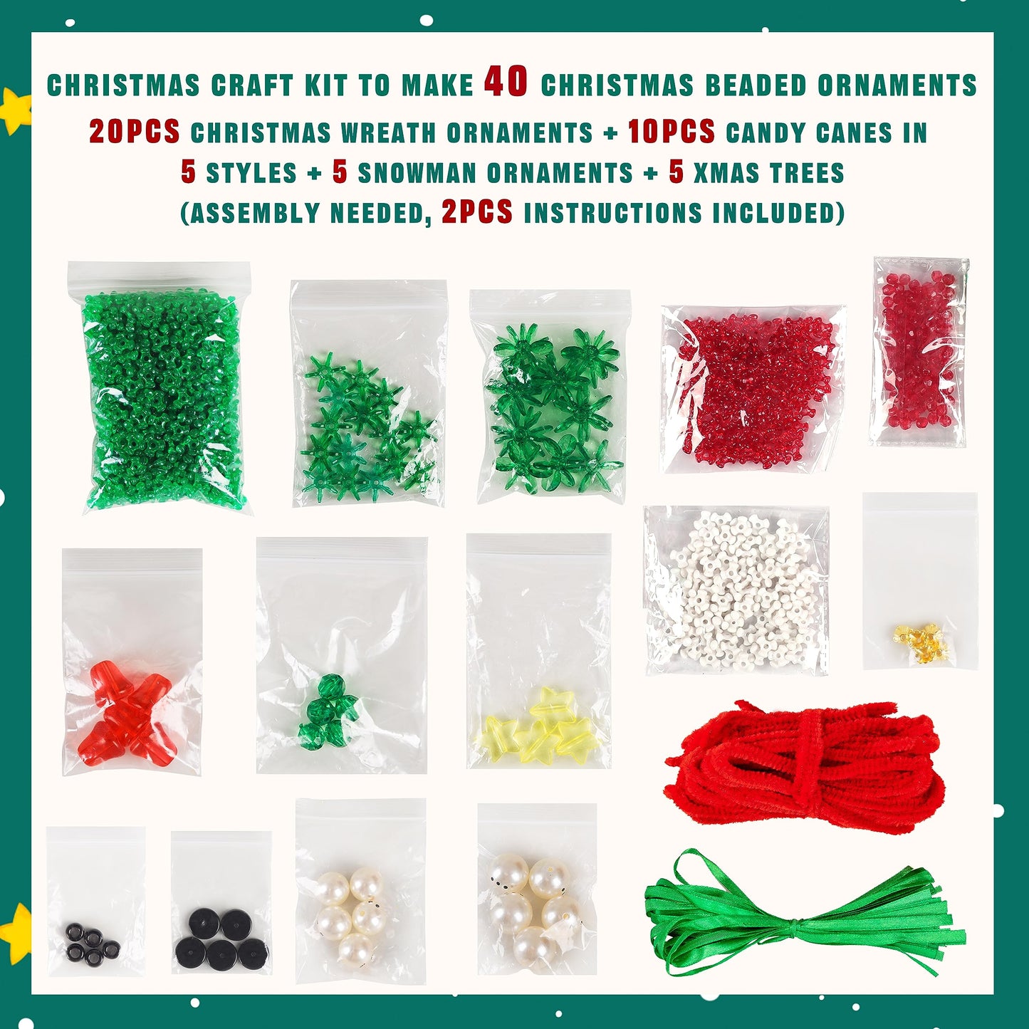 Christmas Crafts for Kids Adults Families, Beaded Ornament Kit to Make Wreath/Candy Cane/Xmas Tree/Snowman, Holiday Decorations