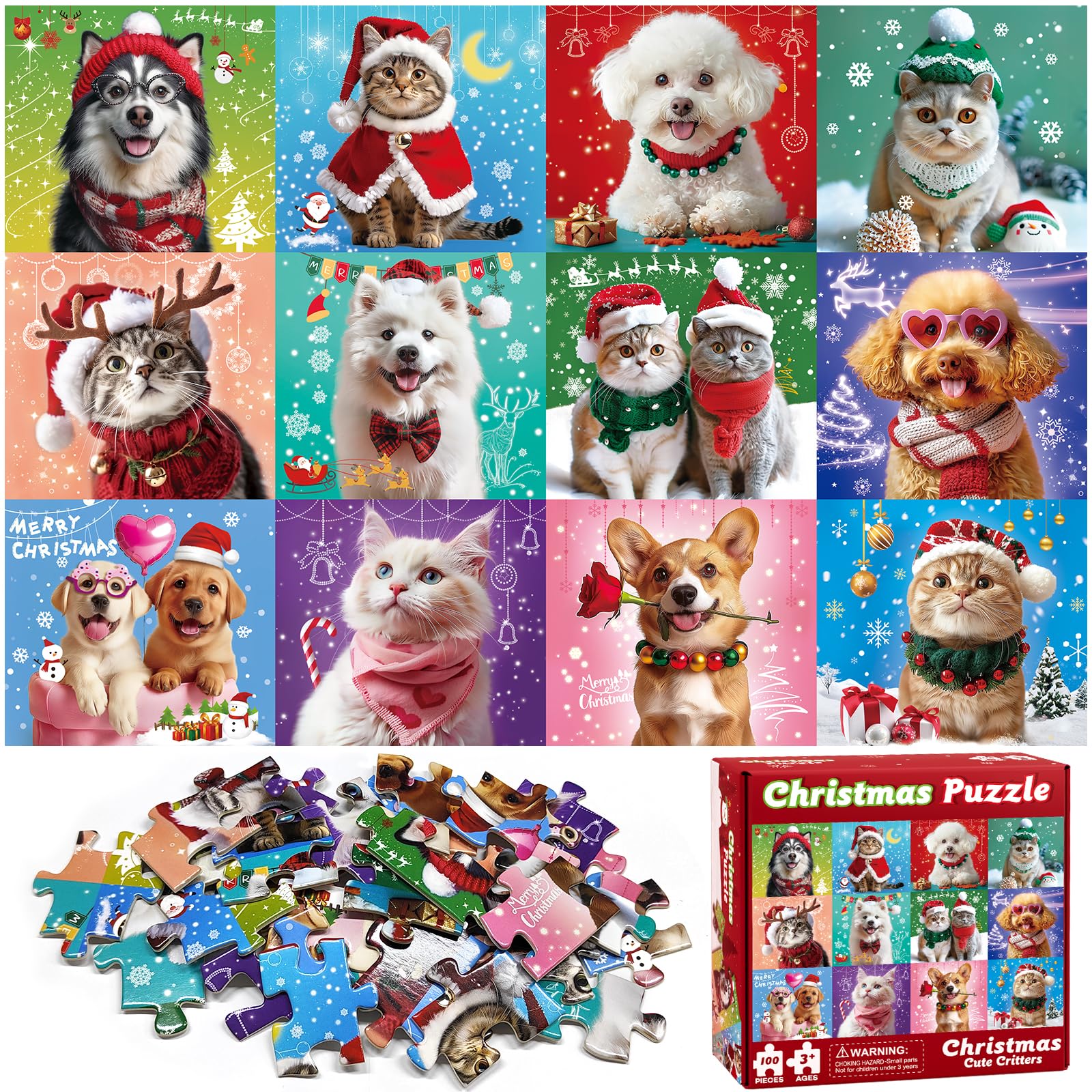 100 Pieces Christmas Puzzle For Kids Age 4-8 4-6 8-10 Christmas Cat Dog Jigsaw Puzzles Gifts Stocking Stuffers For Boys Girls (C