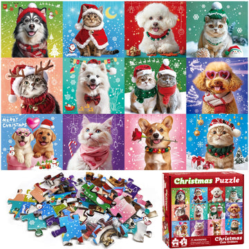 100 Pieces Christmas Puzzle For Kids Age 4-8 4-6 8-10 Christmas Cat Dog Jigsaw Puzzles Gifts Stocking Stuffers For Boys Girls (C