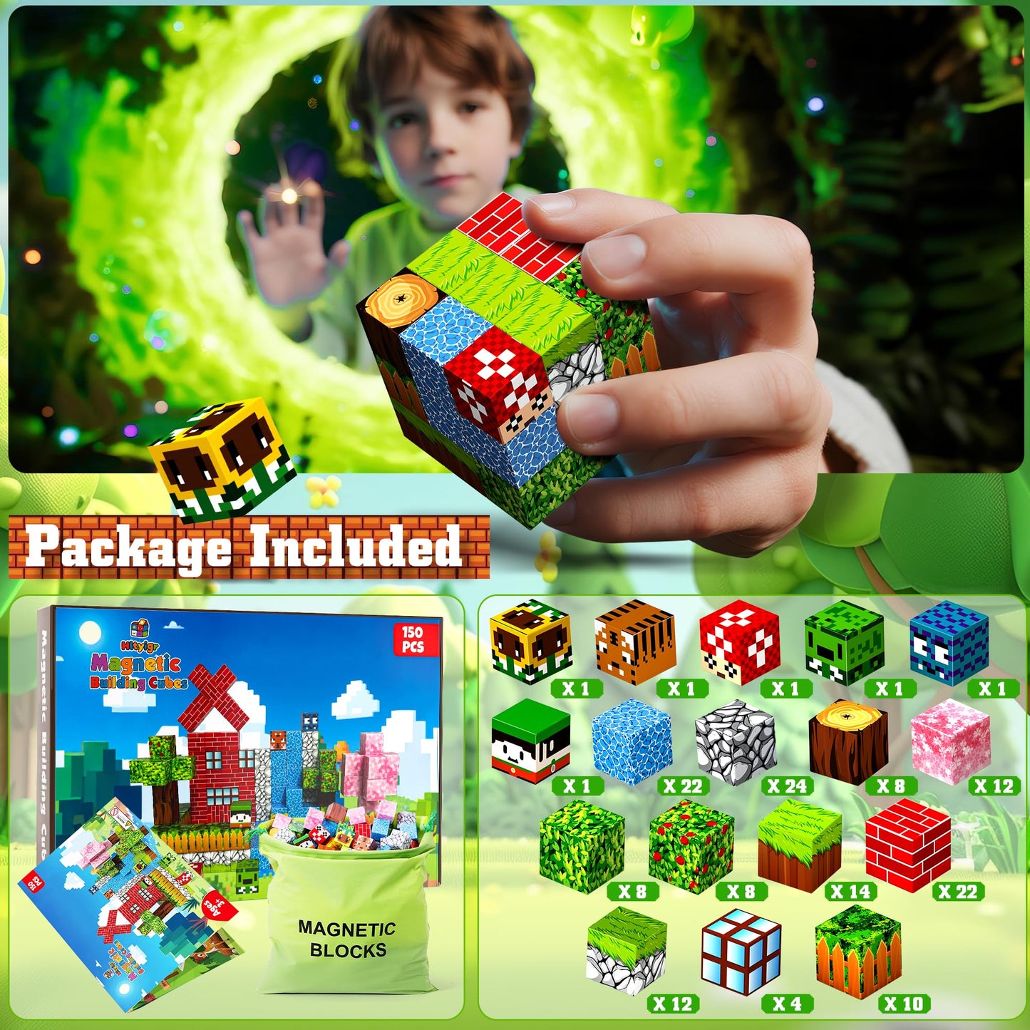 Hltyigr 150PCS Magnetic Blocks-Magnetic Building Blocks Magnet Toys Set Stacking Forest World with Magnet Construction Toys STEM Sensory Gift for Kids Toddlers Boys & Girls Birthday Gifts Ages 3+