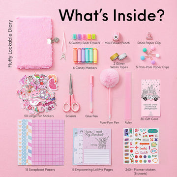 Happy LolliME Pink DIY Journal Kit for Girls - 300+ Pieces! Lockable Fuzzy Diary, Markers, Stickers & Empowering Pages - Gift Bo