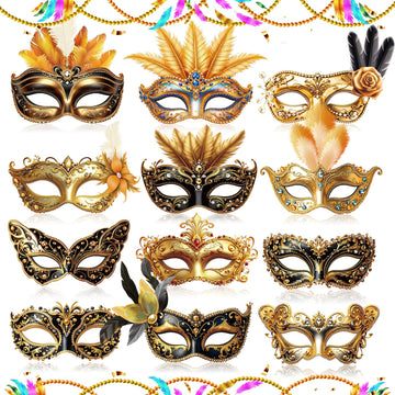 12 Pcs Mardi Gras Masks Paper Purple Green Yellow Masquerade Masks Vintage Feather Masks Parade Prom Party Favors For Men Women
