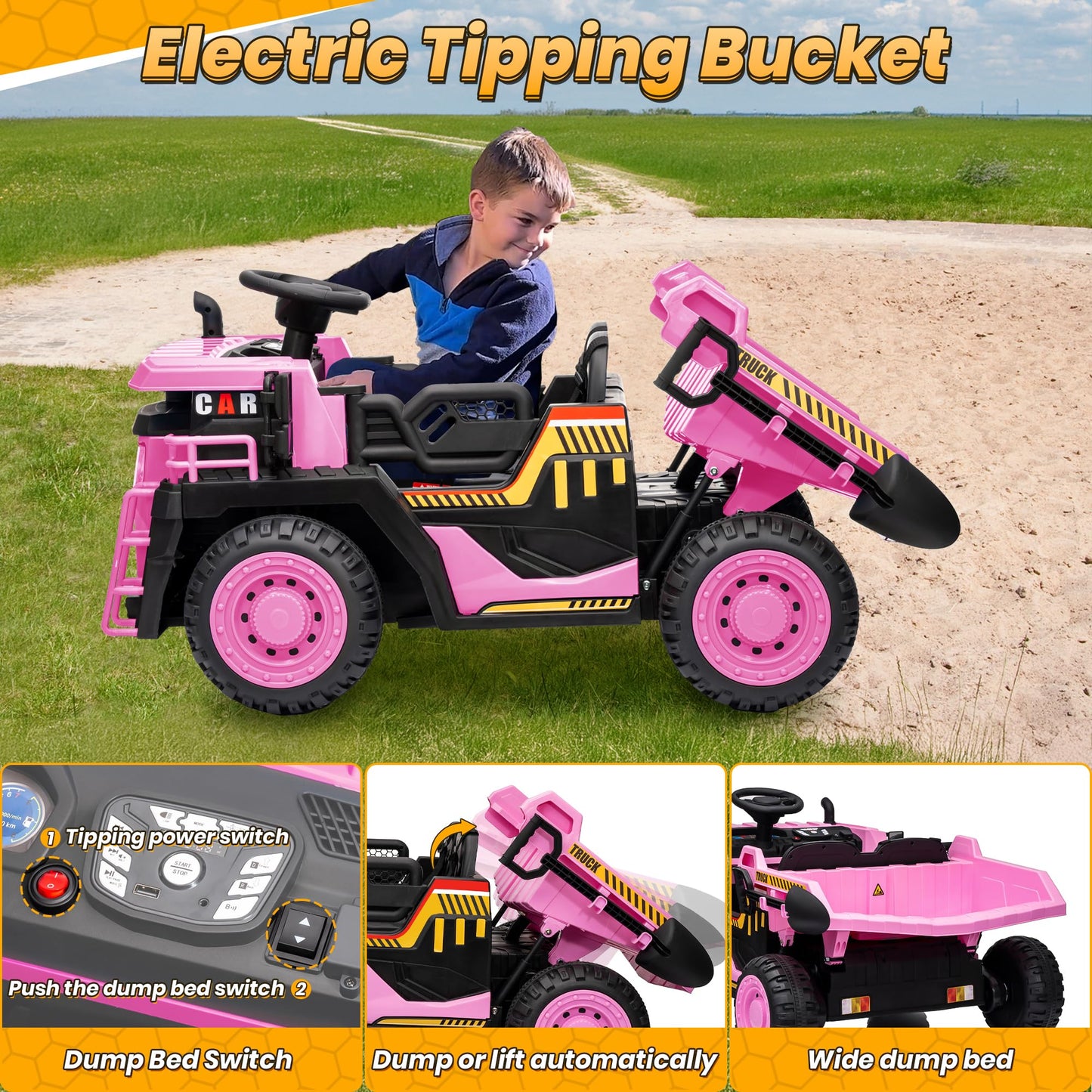 JOYRACER 24V 2 Seater Ride on Dump Truck, Kids Electric Car w/400W Powerful Motors, Ride on Construction Vehicles w/Electric Dum