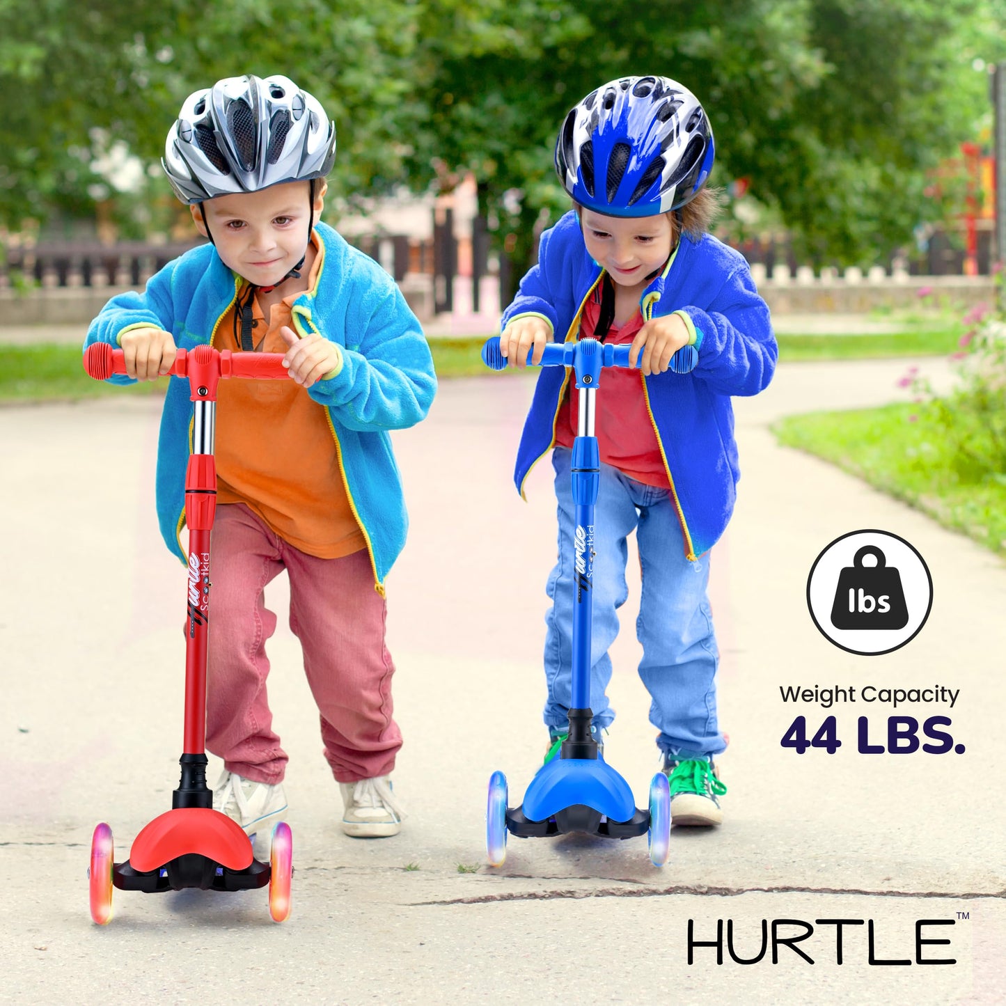 Hurtle Mini Kickboard Scooter for Kids - Height Adjustable 25-28, Lightweight 3-Wheel with LED Light-up Wheels, Anti-Slip,In