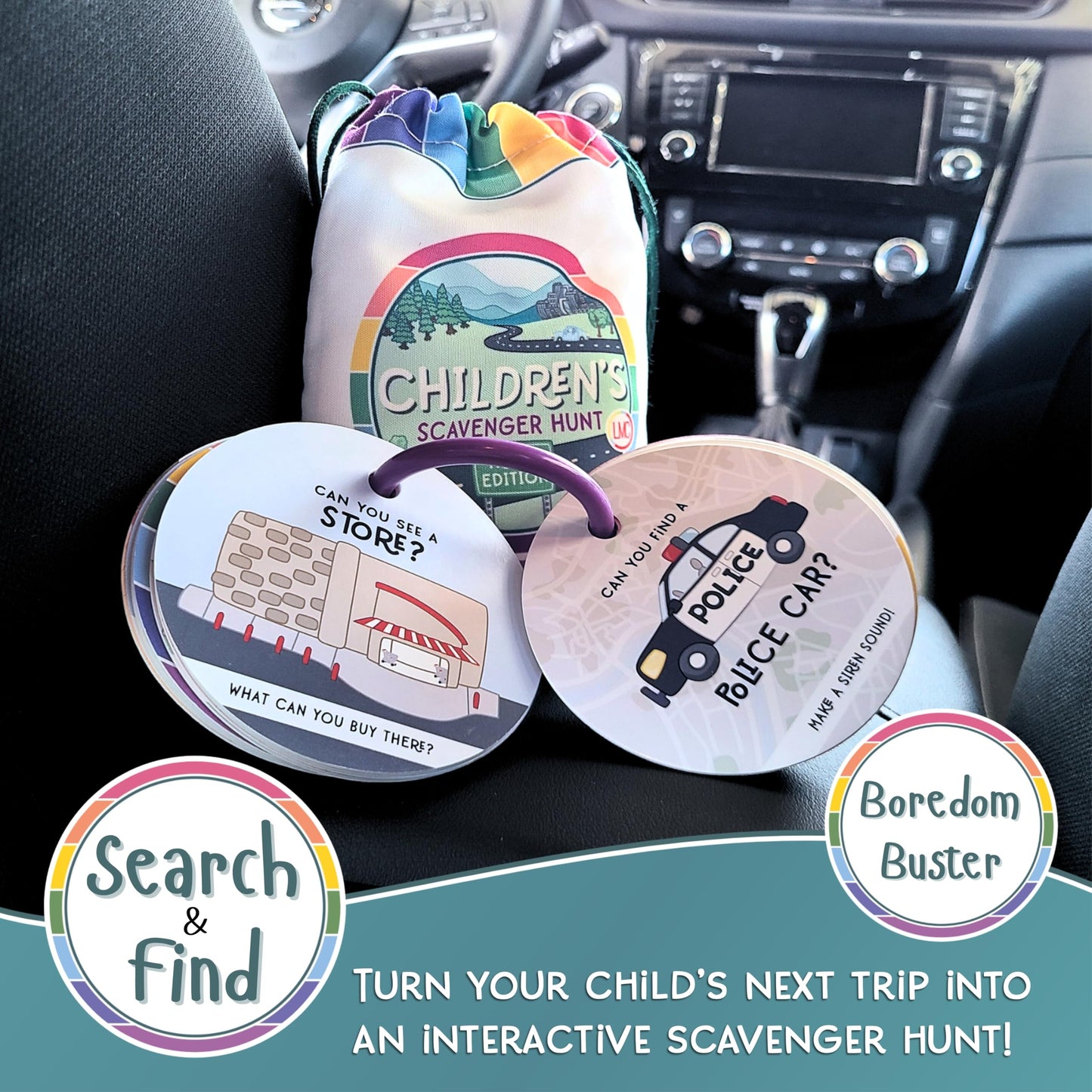 LMC Products Children's Scavenger Hunt Cards - Educational Games for Ages 2+ - Travel Edition - 3.5"x3.5"x1.5" - Plastic