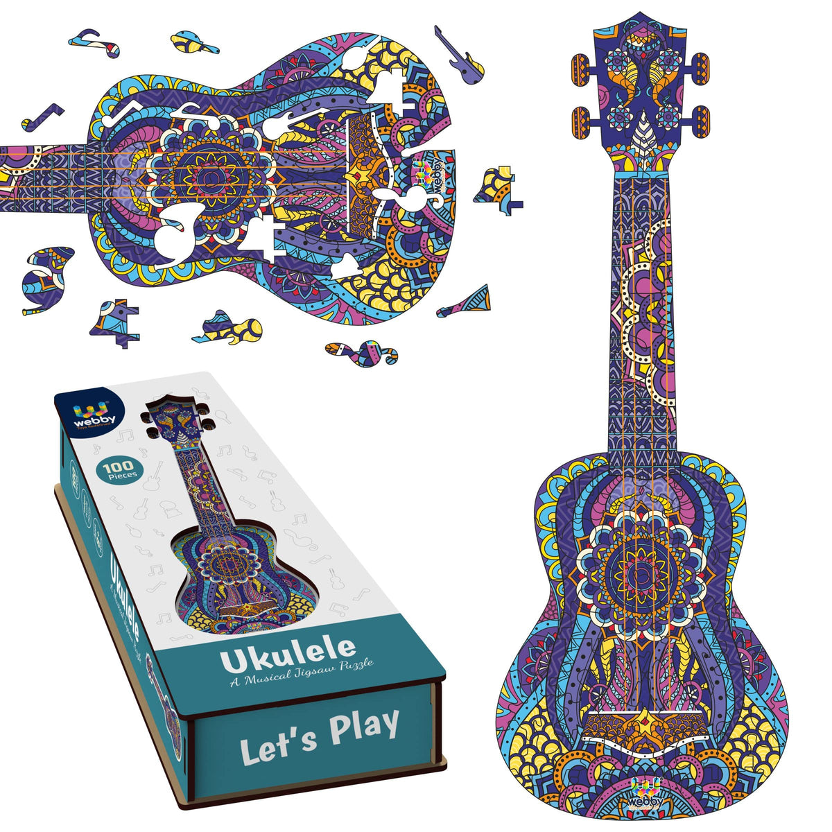 Webby Colourful Ukulele Wooden Jigsaw Puzzle, Beautiful Unique Family Guitar Shape Jigsaw Puzzle, Best Gift For Adults,Teenagers
