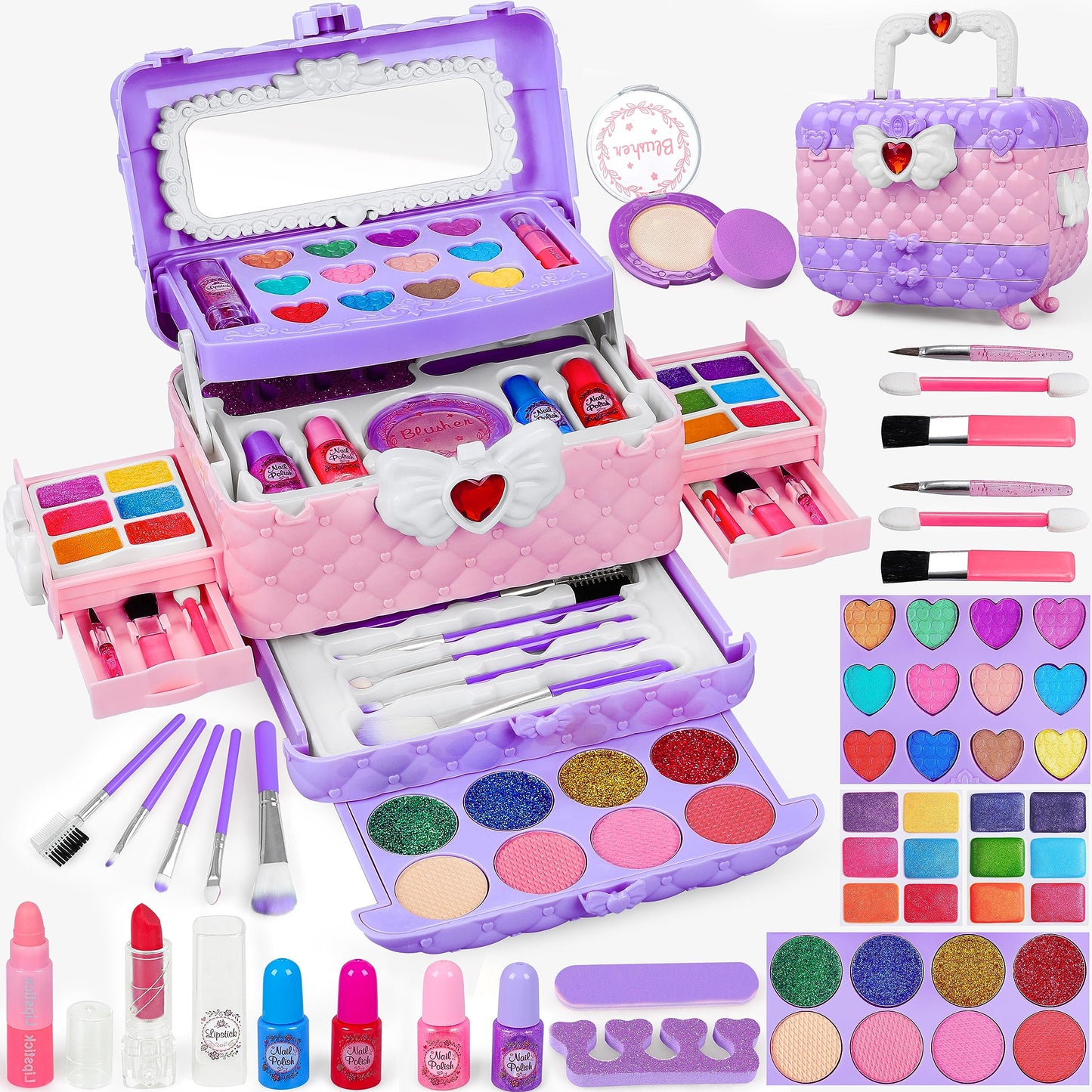 54 Pcs Kids Makeup Kit for Girls, Princess Real Washable Pretend Play Cosmetic Set Toys with Mirror, Birthday Gifts for 3 4 5 6 
