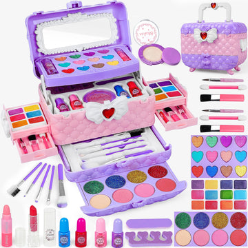 54 Pcs Kids Makeup Kit for Girls, Princess Real Washable Pretend Play Cosmetic Set Toys with Mirror, Birthday Gifts for 3 4 5 6 