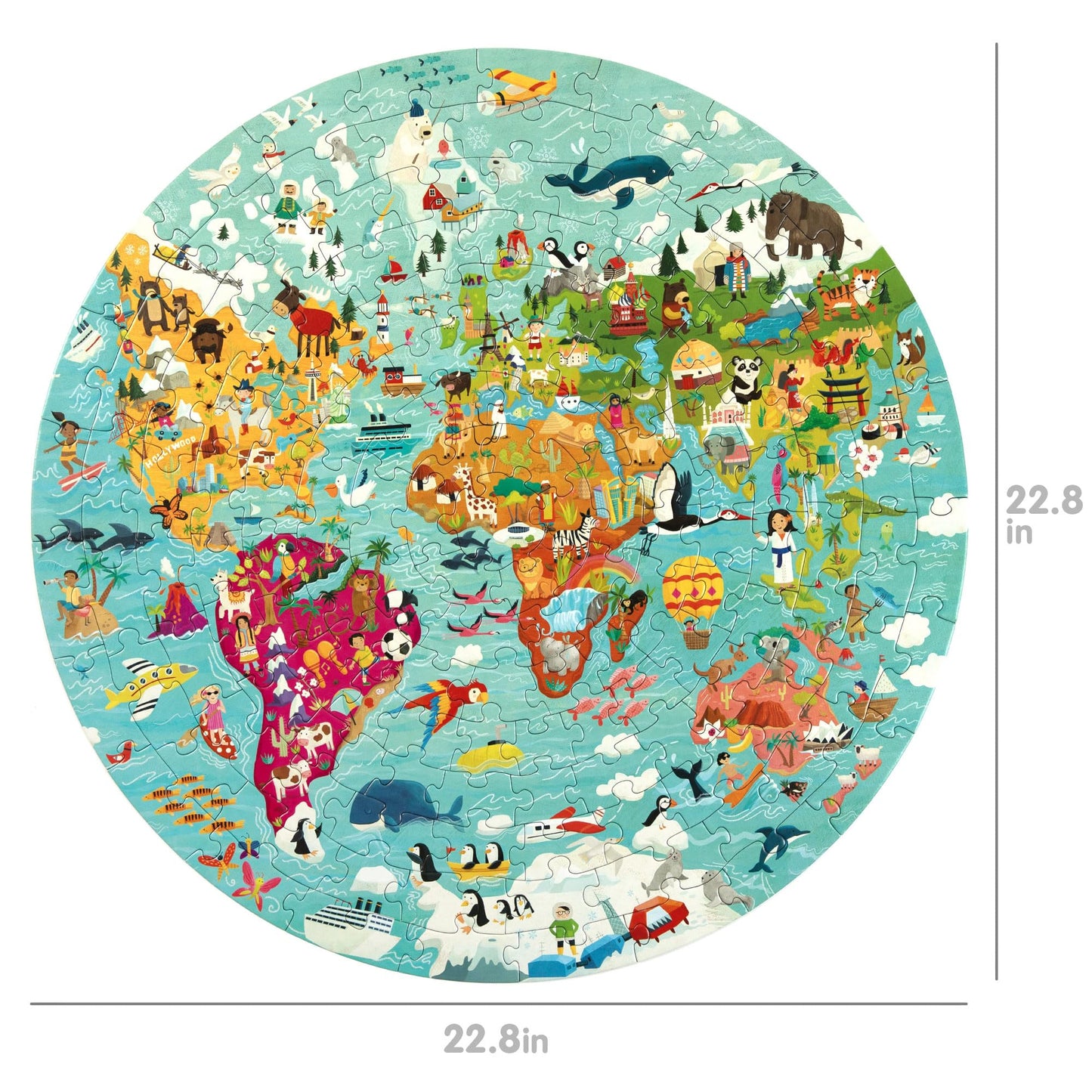 boppi World Map Round Jigsaw Puzzle, 150 Pieces, 58cm Diameter, 100% Recycled Card, Suitable for Kids Ages 5-8