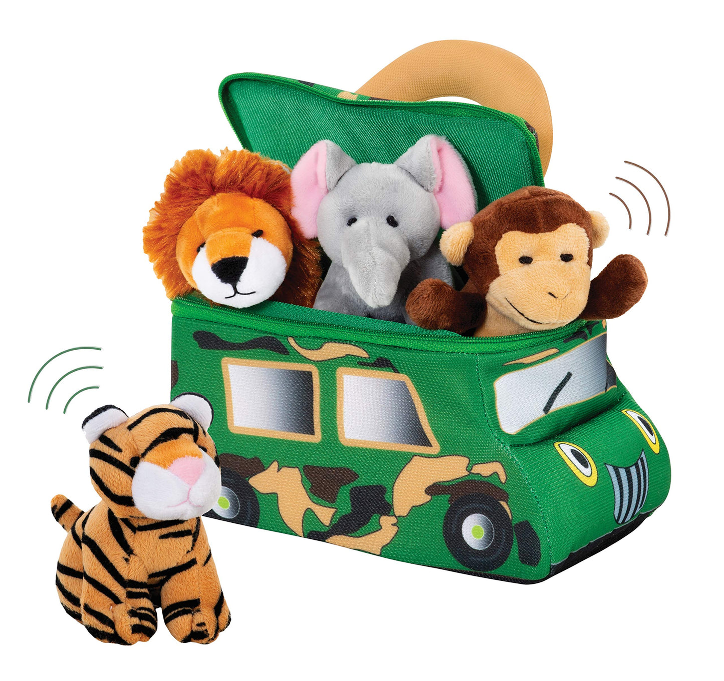 Bundaloo Plush Jungle Animals Set with Realistic Sound - Soft Stuffed Animal Toys with Safari Truck Carrier - Mini Tiger, Lion, 