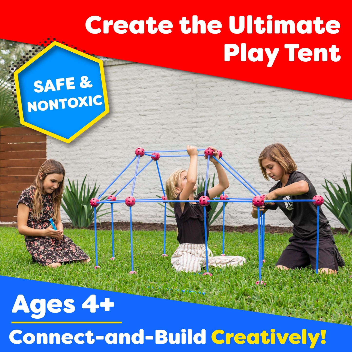 Power Your Fun Fun Forts Kids Tent For Kids - 81 Pieces Fort Building Stem Toys Kit, Construction Toys Play Tent Indoor And Outdoor Playhouse For Kids With 53 Rods And 28 Spheres (Red, Blue) 1 Pack