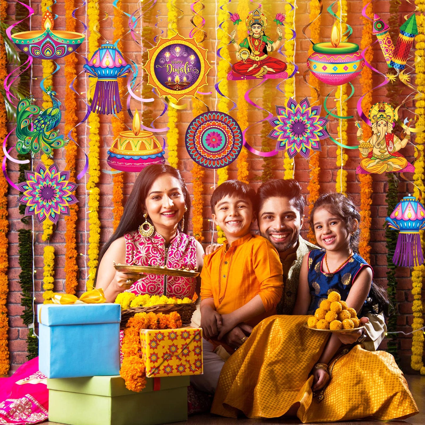 51 Pcs Happy Diwali Hanging Swirls Diwali Lights Party Hanging Swirls Deepavali Party Hanging Decorations Diwali Festival Hangin