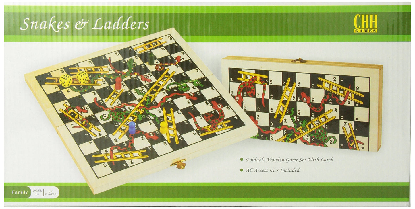 CHH Games Folding Wooden Snakes and Ladders Game - Brown, Model CHH1158, Classic Family Fun