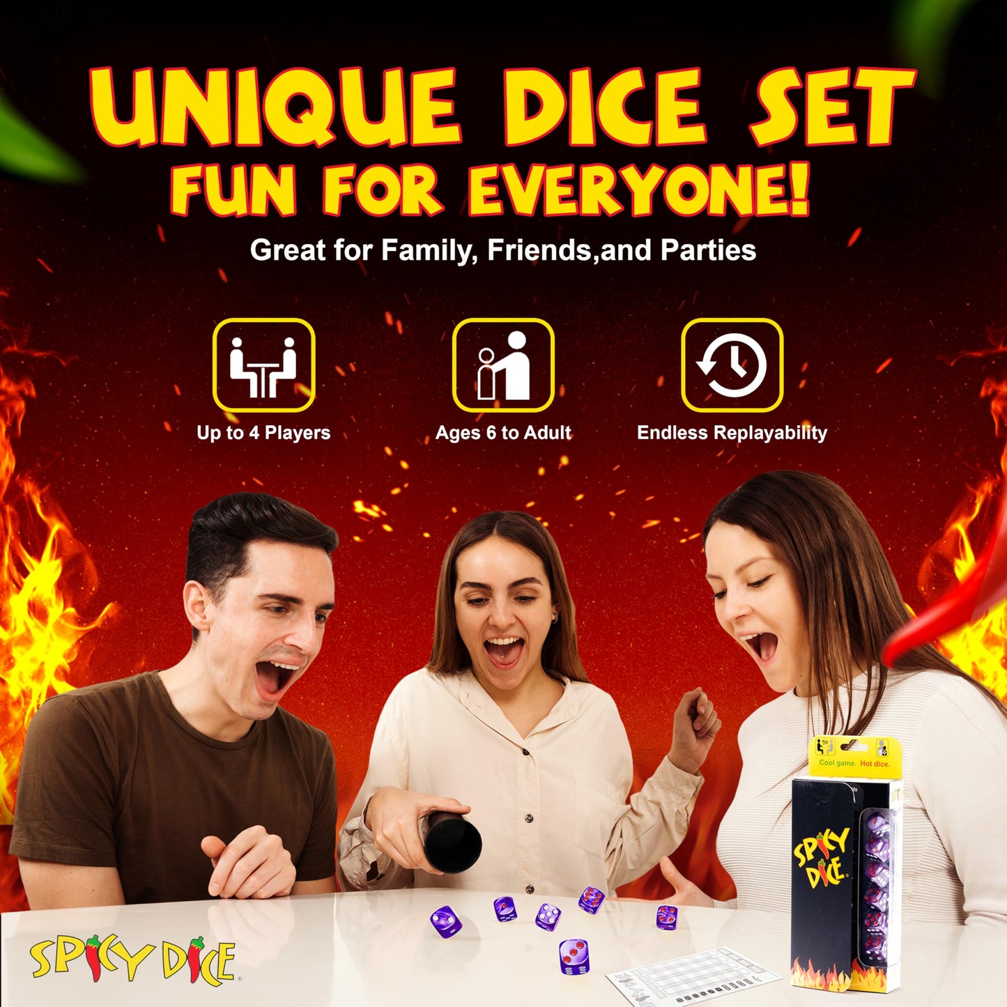 Spicy Dice Purple: The Ultimate Family Dice Game - Pearlized Colored Dice With Cheat Sheet And Silkscreened Pouch For Strategic