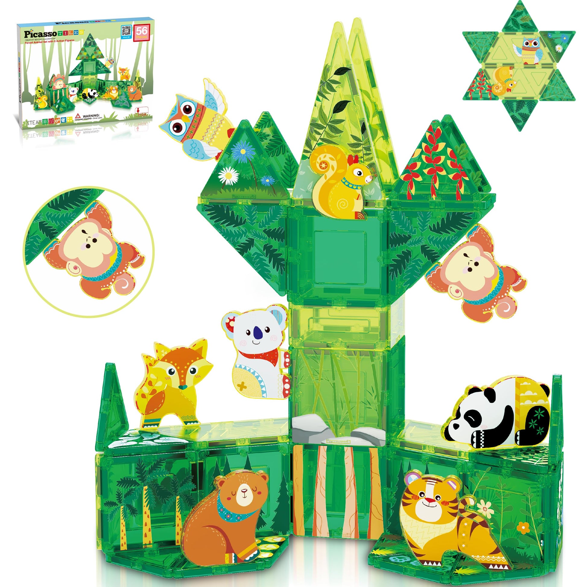 PicassoTiles Magnet Tile Building Blocks Forest Animal Theme Toy Set with 8 Character Action Figures Educational STEM Learning C