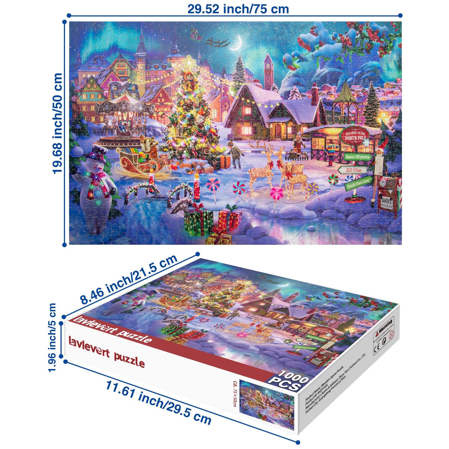 Lavievert Wooden Jigsaw Puzzle 1000 Piece Puzzle For Adults And Kids - Christmas Tree, Snowman, Milu Deer & Presents On Snowy Christmas Eve