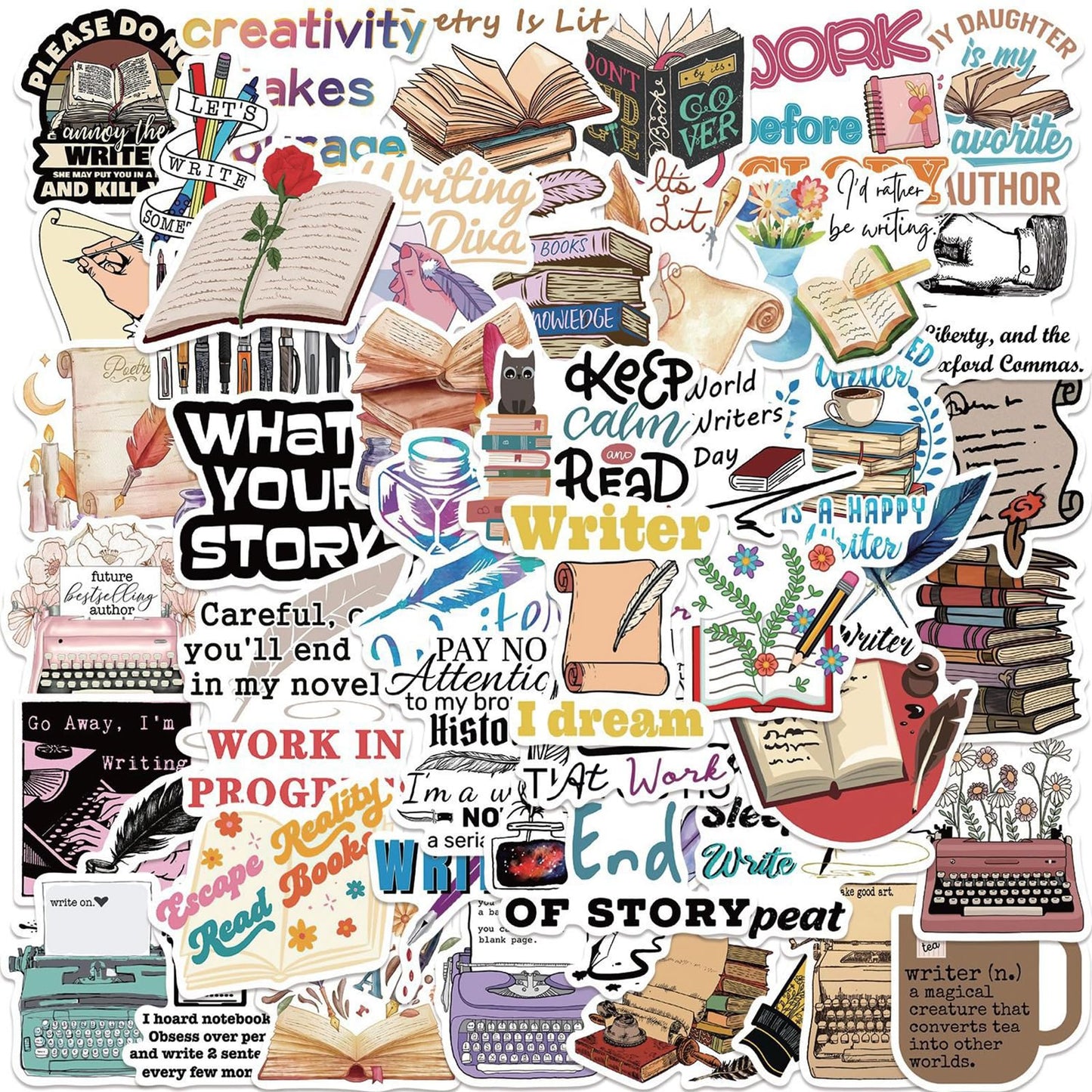Writer Stickers,50 Pcs Love Reading Aesthetic Waterproof Stickers,Vinyl Stickers For Students, Bookish Gifts Stickers For Bookis