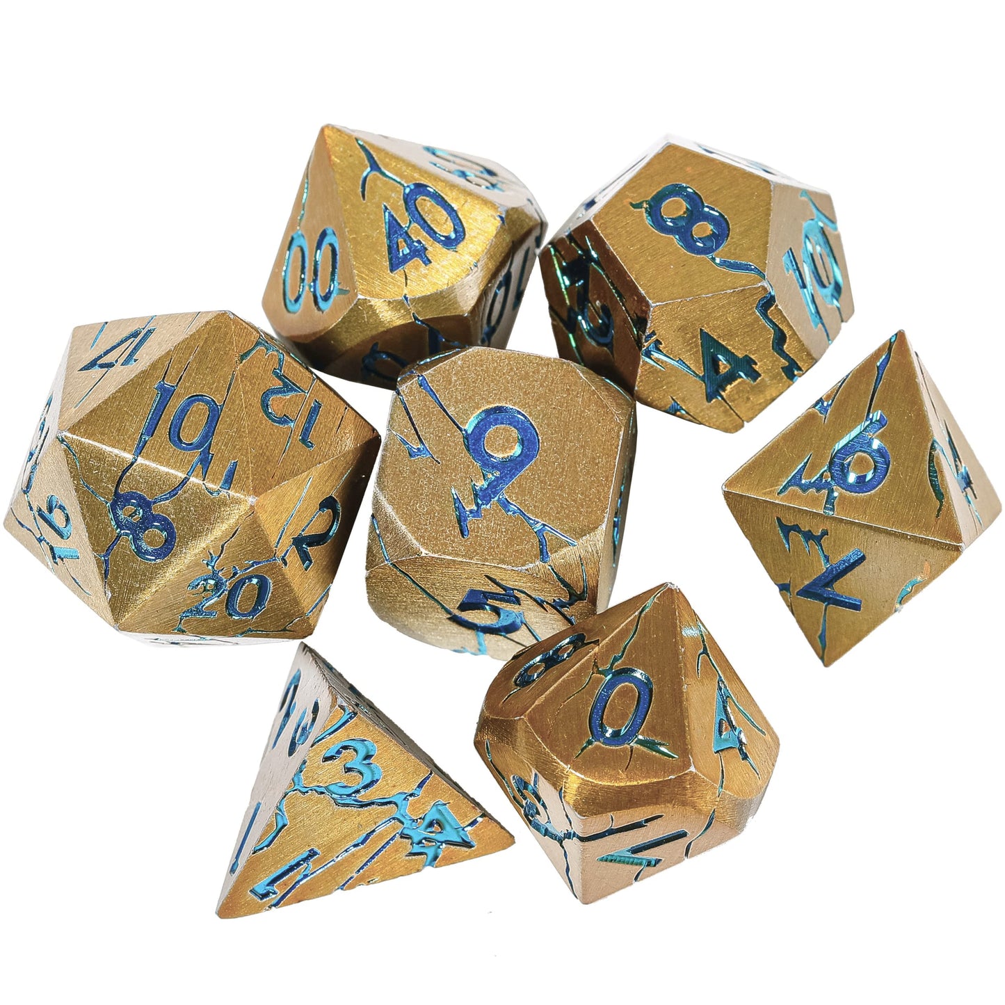 DND Metal Dice - Pharaoh Ruins Gold Metal Dice with Blue Cracks - Polyhedral Dice Set for RPG D&D MTG Pathfinder and More - Beau