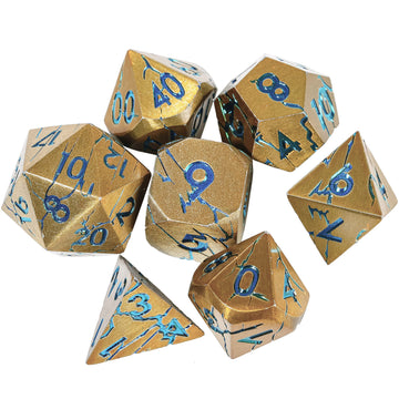 DND Metal Dice - Pharaoh Ruins Gold Metal Dice with Blue Cracks - Polyhedral Dice Set for RPG D&D MTG Pathfinder and More - Beau