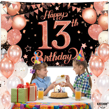 Katchon Rose Gold Happy 13Th Birthday Banner - Xtralarge, 72X44 Inch | Rose Gold And Black Happy 13Th Birthday Decorations For Girls | Official Teenager Banner, 13 Year Old Birthday Supplies