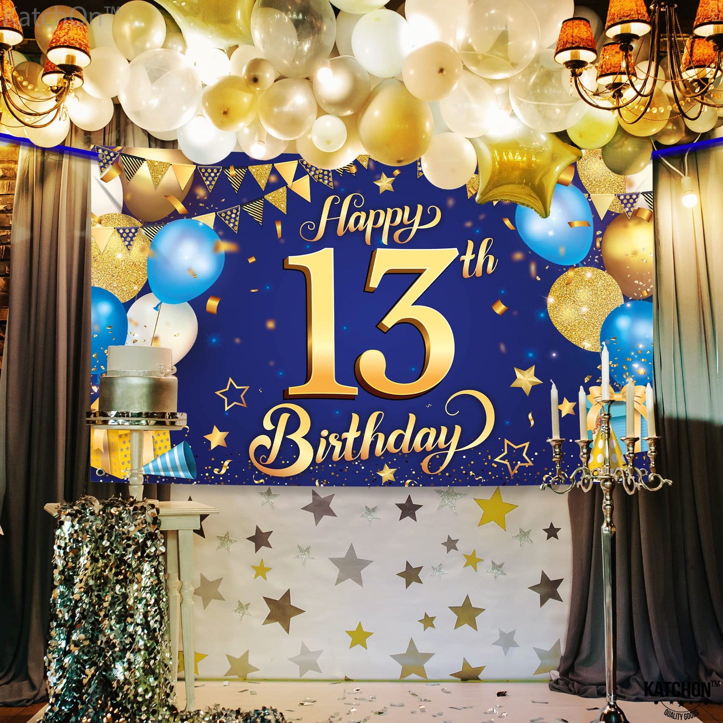 Katchon, Xtralarge Blue And Gold Happy 13Th Birthday Banner - 72X44 Inch | Blue Happy 13Th Birthday Backdrop, 13Th Birthday Decorations For Boys | Blue And Gold 13Th Birthday Party Decorations Boy