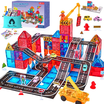 Magnetic Tiles Road Set With Car Crane And Toy Figurine, Construction Tiles Building Blocks Set For Kids Birthday Gifts, Educati