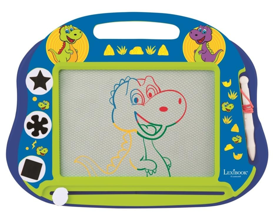 LEXiBOOK, Dinosaur, Multicolor Magic Magnetic Drawing Board, Artistic Creative Toy for Girls and Boys, Stylus Pen and Stamps, Bl