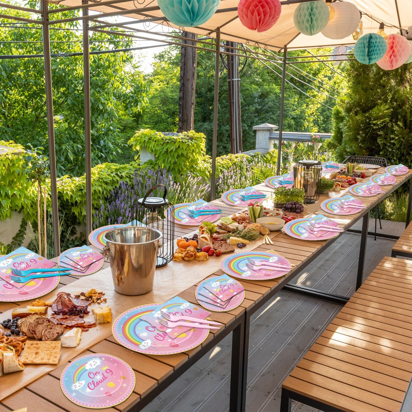 96 Pcs On Cloud 9 Birthday Decorations For Girls On Cloud 9 Party Plates And Napkins Supplies 9Th Birthdaytableware Set Rainbow