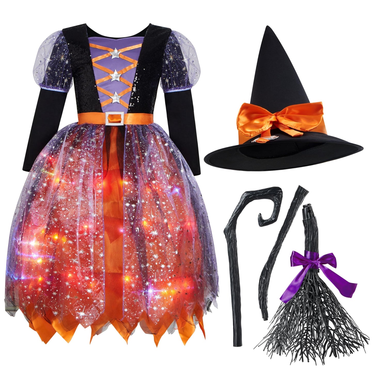 Spooktacular Creations Witch Costume Kids  Light Up Halloween Costumes Witch Dress with Hat and Broom for Girls  Sweet Wizard Set for Toddler Scary Halloween Themed Parties  Orange  L
