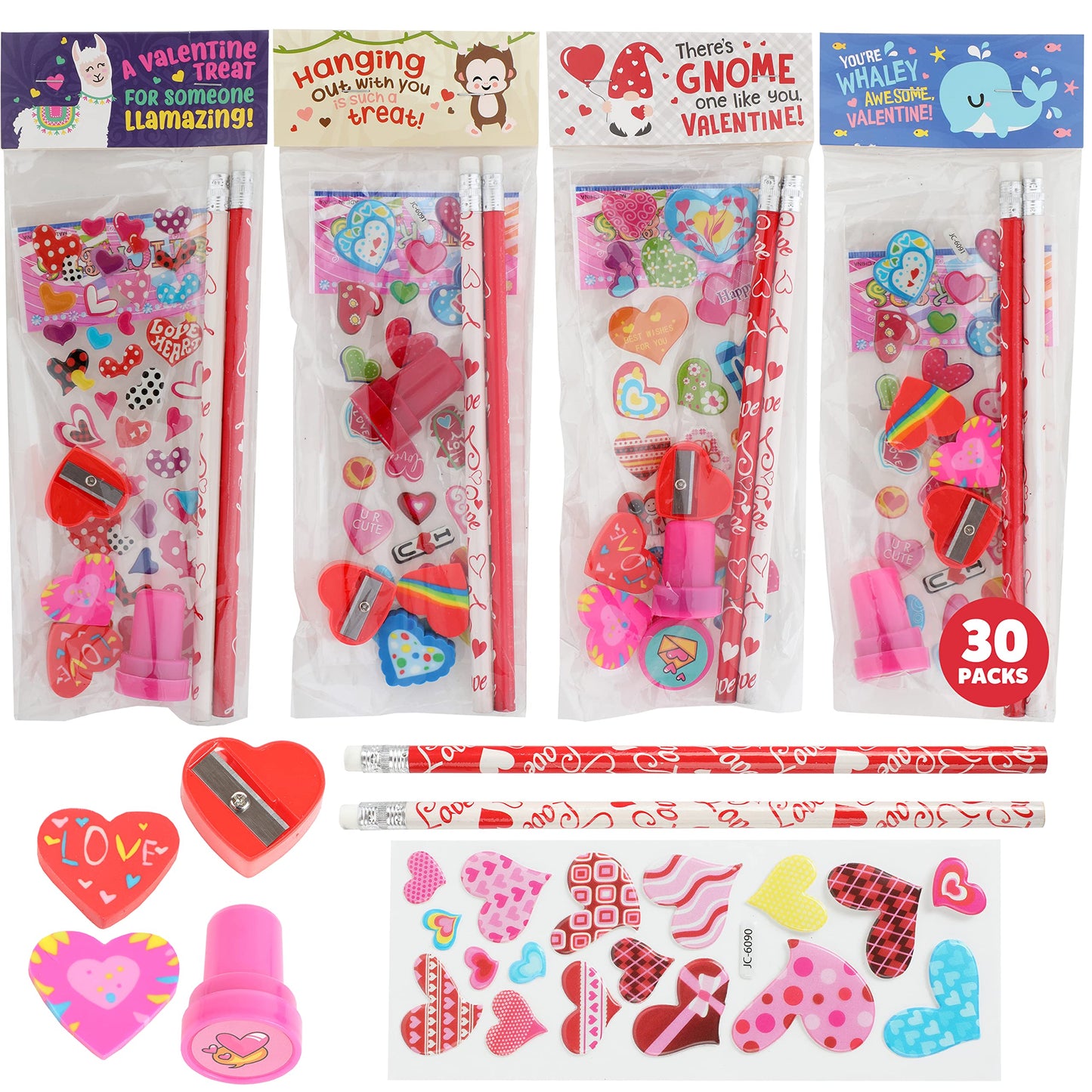 Funeta 30 Pack Valentines Day Stationery, Kids Class Party Favor Cards Set and Gifts for School Classmates, Each Includes 2 Penc