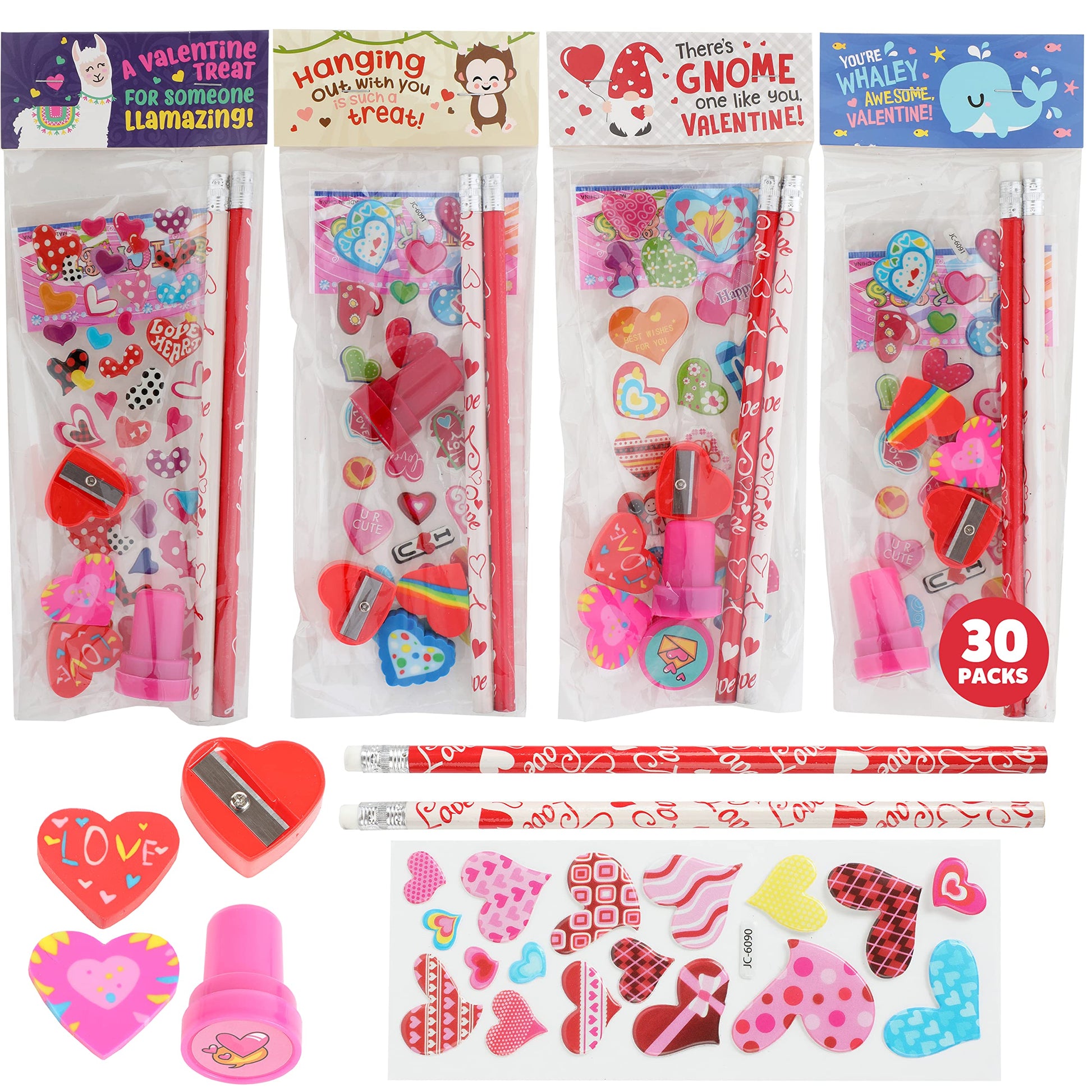 Funeta 30 Pack Valentines Day Stationery, Kids Class Party Favor Cards Set and Gifts for School Classmates, Each Includes 2 Penc