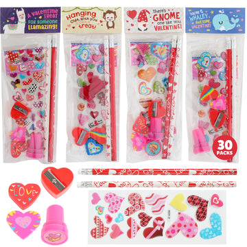Funeta 30 Pack Valentines Day Stationery, Kids Class Party Favor Cards Set and Gifts for School Classmates, Each Includes 2 Penc
