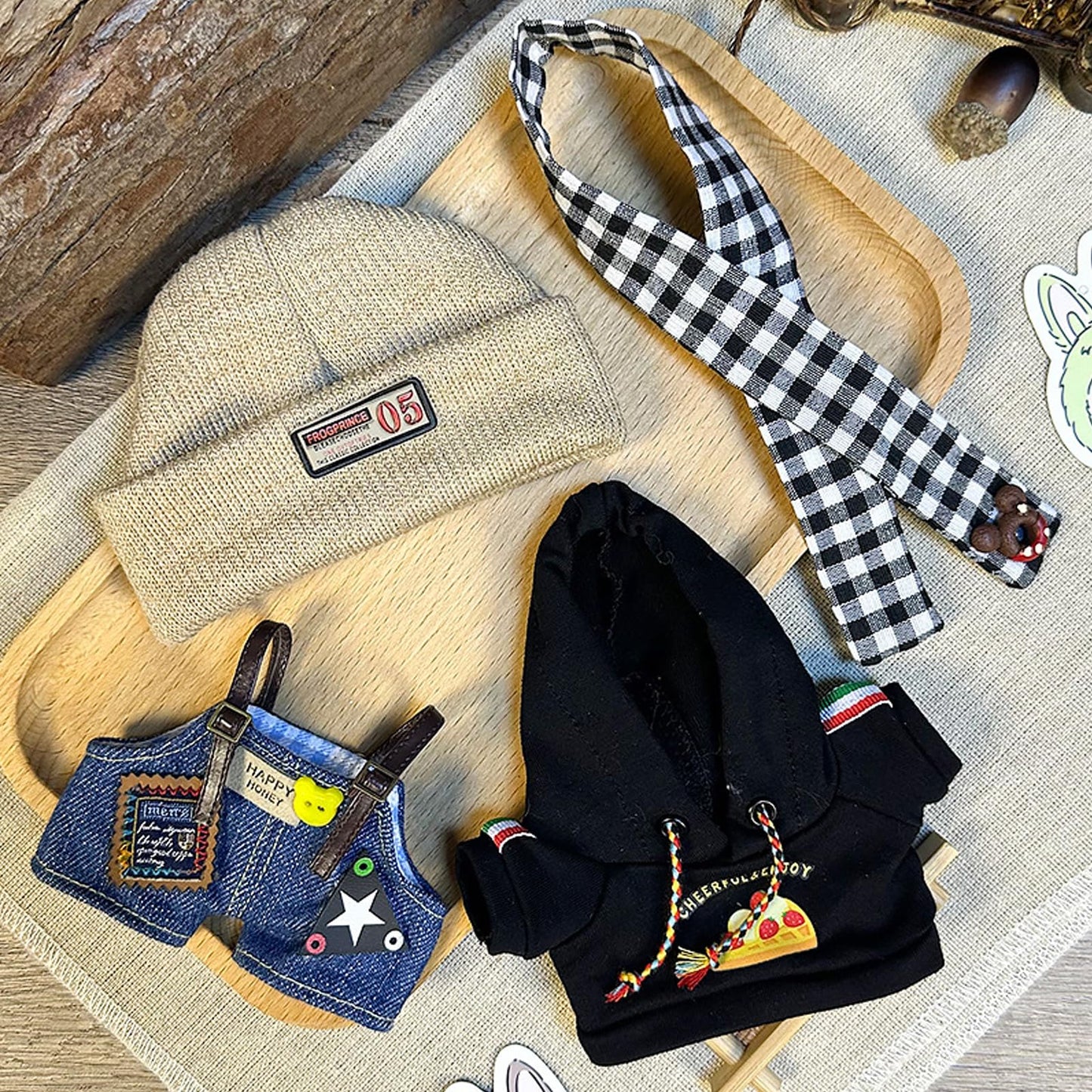 QIUTIMIY Clothes for Doll 17cm Doll Clothes 4-Piece-Set Doll Clothes enhanced Doll Outfit with Accessories-Knitted Hat+Overalls+Black Sweater+Scarf(NO Doll Included)