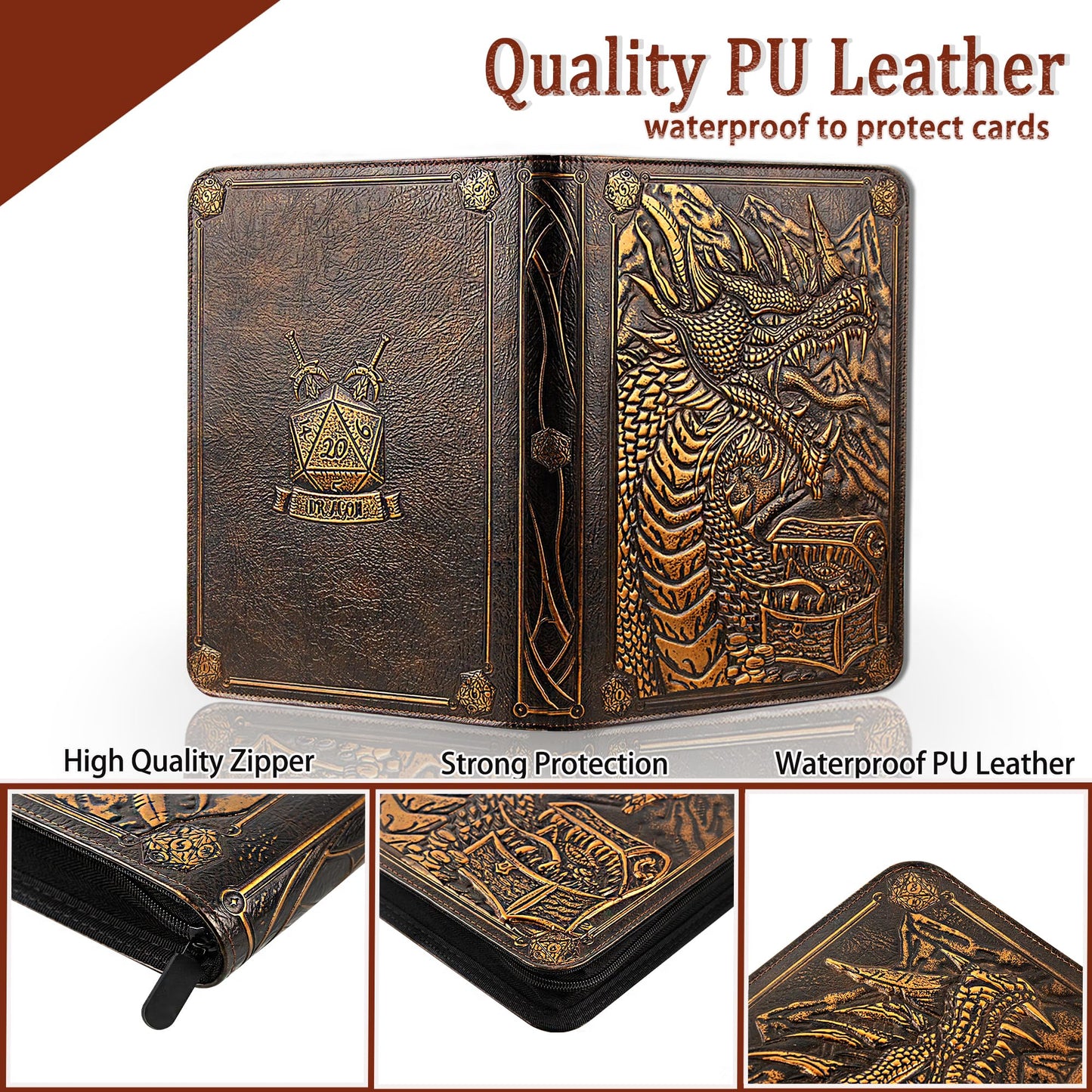 JiaoJiRen 9 Pockets Trading Card Binder-Holds 360 Cards Pockets Album 3D Leather Dragon Double Sided Pocket Collection Zipper Binder for MTG TCG Game Sports Cards (Red Copper)