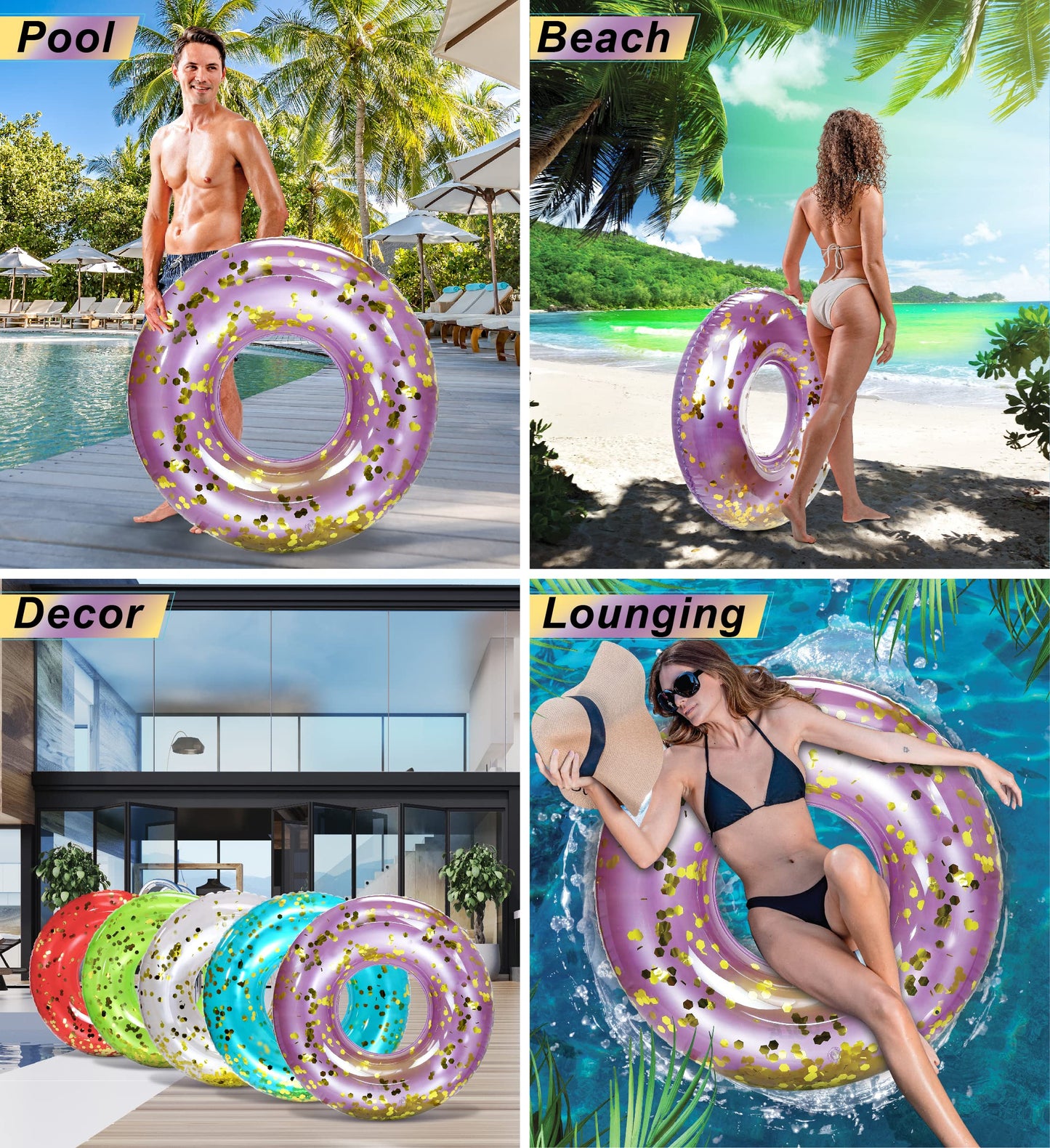 CoTa Global Inflatable Pool Float - Purple Gold Sparkle Confetti, Large 36" Water Ring for Beach & Pool Fun