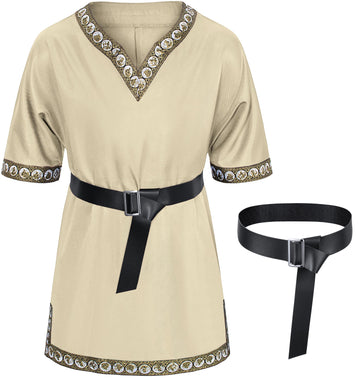 Kids Medieval Costume Boys Viking Tunic Knight Warrior Renaissance Shirts With Belt 8-10 Years Beige